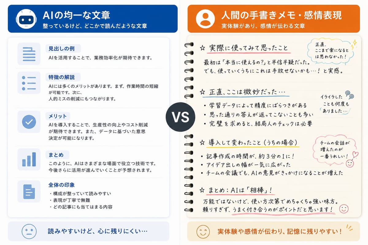 「AIの均一な文章（整っているけど、どこかで読んだような文章）」と「人間の手書きメモ・感情表現（実体験があり、感情が伝わる文章）」の比較。後者は記憶に残りやすいと示す